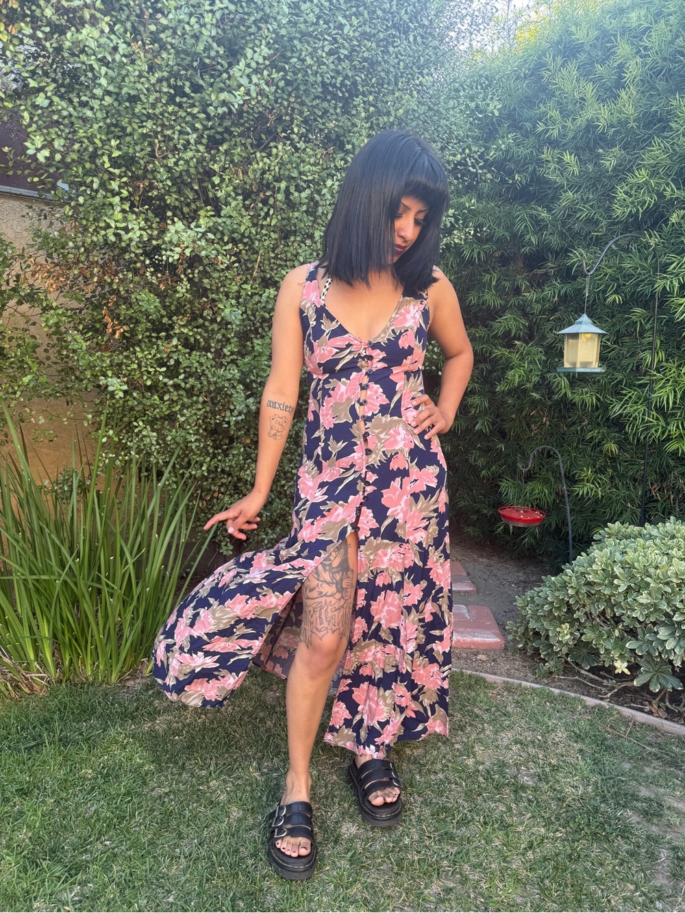 Reverse Floral Pink and Navy Maxi Dress